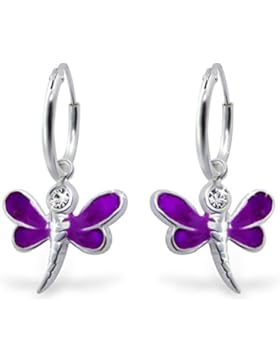 JAYARE Kinder-Creolen Libellen 925 Sterling Silber Emaille Glitzer-Kristalle 26 x 12 mm lila violett Ohrringe
