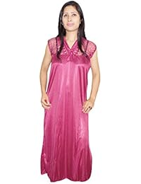 Indiatrendzs Women Maxi Night Gown Satin Pink 2pc Set Nightwear Nighty With Robe