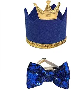Stock Show Pet Cute Birthday Party Crown Hat and Blingbling Bow tie Collar Set with Adjustable Elastic Headband and Golden Crown Topper for Small Medium Dogs Cats Kitten Puppy, Blue