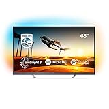 Lieferumfang: Philips Ambilight 65PUS7502/12 Fernseher 164 cm (65 Zoll) LED Smart TV (4K UHD, HDR Premium, Micro Dimming Pro, DTS Premium Sound, Android TV) Dunkelsilber; Fernbedienung, Batterien, Kurzanleitung, Netzkabel, Tischfuß