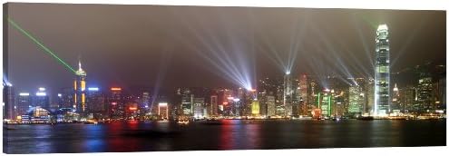 Hong Kong at Night Panorama stretched and mounted around a 30 x 10 inch (76cm x 25cm) wooden frame by Pixel Zone