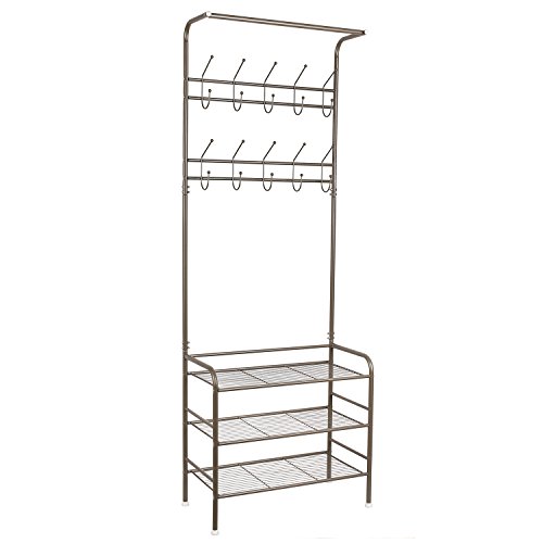 HOMFA Kleiderständer Schuhregal Garderobenständer Garderobenhaken Flurgarderobe Garderobenmöbel 3 Ablagefächer Schuhablagen mit 20 Haken,68.5x34x190cm(Champagnerfarbe)