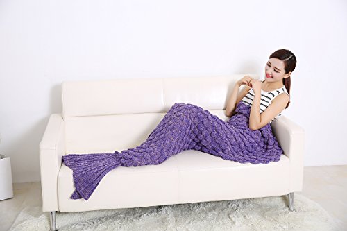 Aiqi Schlafsack / Decke in Meerjungfrau-Flossenform, warm und weich, Häkel-Handarbeit, zum Kuscheln, Fleece, ideale Geschenkidee, für Familienmitglieder oder Freunde, violett, M - 3