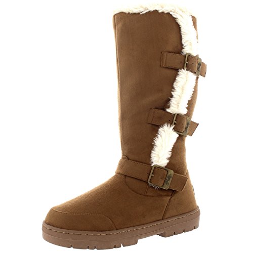 Holly Mujer Tall Three Buckle Forrada de Piel Impermeable Invierno Lluvia Nieve Botas Interior con Cremallera - Bronceado Suave - UK7/EU40 - BA0471