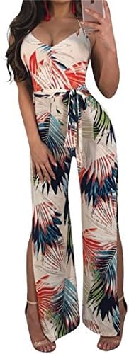 YYear Womens Summer Printed Sexy Side Slit Wide Leg Pants Romper Jumpsuit White S