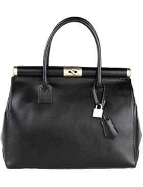 Frau Handtasche, Bowling Bag mit Schultergurt aus echtem Leder Made in Italy Chicca Borse 35x28x16 Cm