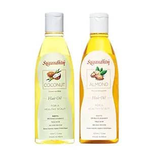 Sugandhim Hair Oil Almond & Coconut Cold Pressed, Pack of 2 x 100 ml, Natural, Badam, Nariyal, Reduces Hair Fall, Natural Shine, Vitamin E, Enriched With Jojoba oil, Relieves Mental Fatigue Headaches & Migraine, Champi, Cuticle, Massage, Nourishment, Healthy & Happy Scalp, Mild Fragrance, Suitable For All Age Groups, Made In India