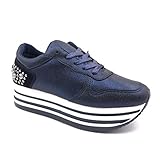  Angkorly - Damen Schuhe Sneaker - Plateauschuhe - Straße - Nieten-Besetzt - Perle - Streifenmuster 4.5 cm - Blau GG502 T 38