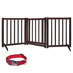 LZRS Foldable Pet Gate with Door?Walk Through Wooden Pet Gate,Foldable 3 Panels for House Doorway Stairs,Pet Safety Fence?Dark Walnut