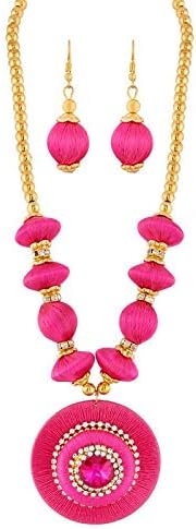 APARASilk Thread Pink Floral Design Pendant Necklace Set Earrings Jewellery for Girls/Women