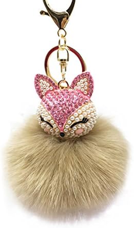 Women Artificial Fox Head Inlay Pearl Rhinestone Keychain Faux Fur Pompom Ball Car Bag Cellphone Pendant Light Coffee
