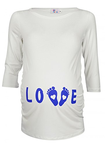 Happy Mama. Women's Maternity Love and Little Feet Funny Print T-shirt Top. 548p (Off White, UK 8/10)