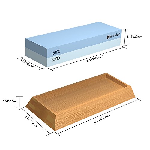 Schleifstein Set , BearMoo Wetzstein mit 2000/6000 Körnung, inkl. Anleitung zum Messer schärfen und Gummi-Steinhalter sowie Bambus Basis und Messer-Halter! - 6