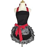  YAKEFJ Delantal Mujeres, niñas, con Bolsillo, con Volantes de Encaje, Delantal Original, Retro, Sexy, para Cocina, la Navidad