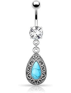 Paula & Fritz® Bauchnabelpiercing aus Edelstahl Chirurgenstahl 316L Zirkonia Farblos. Aqua Anhänger Vintage Träne...