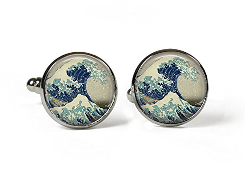 The GREAT WAVE Hokusai - Glass Picture Cufflinks - Silver Plated