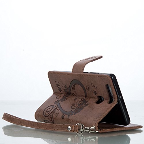 P9 Hülle,Huawei P9 Hülle,Huawei P9 Case,Cozy Hut Huawei P9 Hülle Muster,Handy Case Cover Tasche for Huawei P9, Bunte Retro Blumen Herz der Liebe Muster Druck Buch-Stil Bookstyle Flip Magnetverschluss Brieftasche Geldbörse Wallet Kreditkarte ID Card Slots PU Leder Beschützer Haut Schutzfolie Schutzhüllen Case Tasche Hülle Etui Schale Ständer Hülle Case mit Weich TPU Innere Hülle Case für Huawei P9 – braun - 5