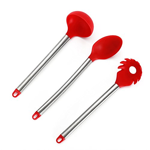 ESNBIA Silikon Küchenhelfer Set von 7 Stücke– Hitzebeständige Pfannenwender Turner, Schaumlöffel , Suppenkelle , Pasta Löffel , Suppenlöffel , Schlitzlöffel – Set mit Halter - 5