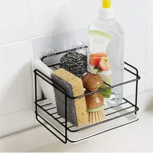 Zollyss Sponge Holder Soap Drain Storage Rack Kitchen Sink Organizer Tools Rag Dishcloth Brush Holder Iron Shelf Bathroom Organizer-Black