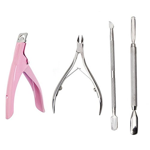 Teexful 1 Set of 4 Piecs Stainless Steel Nail Cuticle Spoon Pusher Remover Acrylic UV Gel False Nail Tip Clipper Cutter
