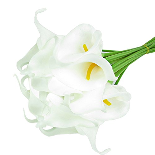 10 Stück JUYUAN-EU Calla künstliche Blumen mit Blätter Dekoriere Kunstblumen Latex Real Touch Bridal Wedding Bouquet Home Decor Weiss