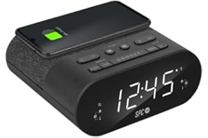 SPC Frodi QI Radio Despertador con Carga inalámbrica para tu Smartphone con 2 alarmas y 10 memorias para Tus emisoras de Radio, Negro