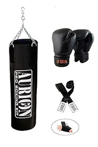 Aurion Synthetic Leather Punching Bag- Unfilled/Filled with Free Chain Heavy Bag (48 inches Unfilled+Boxing Glove(Black)) (4 Feet, Unfilled Punching Bag with Chain & Boxing Glove)
