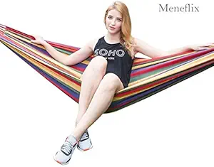 Meneflix Outdoor Canvas Hammock Camping Prevent Rollover Hanging Swing Bed Rainbow Color + Wooden Stick