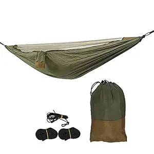 Single Camping Hammock with Mosquito Net Lightweight Portable Hammocks for Backpacking, Camping, Travel 110.23x55.11in(Army Green+Light Tan)