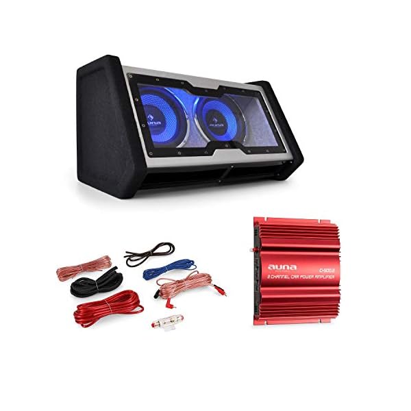Elektronik-Star Cornwall - Car HiFi Set, 2-Kanal-Endstufe mit 2 x 500W max. Leistung, 0.1 Komplett-Set mit 2x25cm (2x10) Subwoofer für 2000W max. Leistung, LED-Lichteffekt