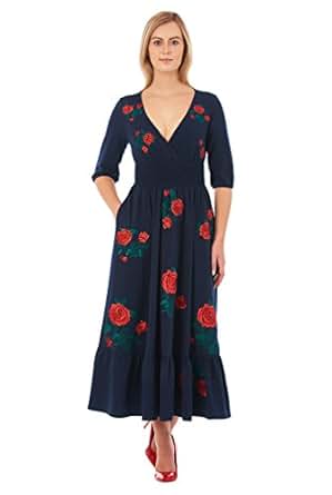 eShakti Women's Floral embellished cotton knit midi dress