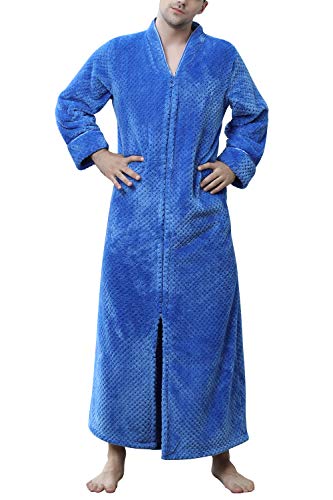 YAOMEI Peignoir de Bain pour Femme et Homme Longue, Hiver Soft Molleton Chemises de Nuit Robe Peignoir Robe Kimono de Nuit de Demoiselle d'honneur Pyjamas Pochettes Fermeture éclair (Large, Bleu)