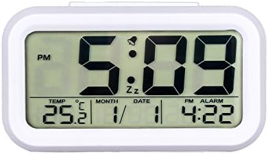 Qooltek Smart Alarm Clock Digital Large LCD Display with Automatically Adjust Brightness Sensor Light, Date, Calender, Temperature, Snooze, Multifunction Clock-White