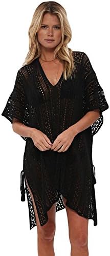 Yiyada Women Crochet Knitted Hollow Out Tassel Tie Kimono Beachwear Pareos dresses Sarongze Beach Kaftan Bathing suit Cover-up Pareos dresses Sarong (black)