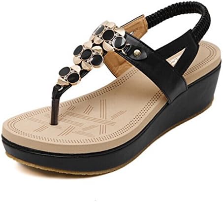 Women's Round Peep Clip Toe Wedge Heel Elastic T-Strap Metal Buckle Rhinestone Bohemia Roman Sandals Summer Beach Post Sandals Flip Flops Shoes Thongs (UK 5(Asia 39), Black)