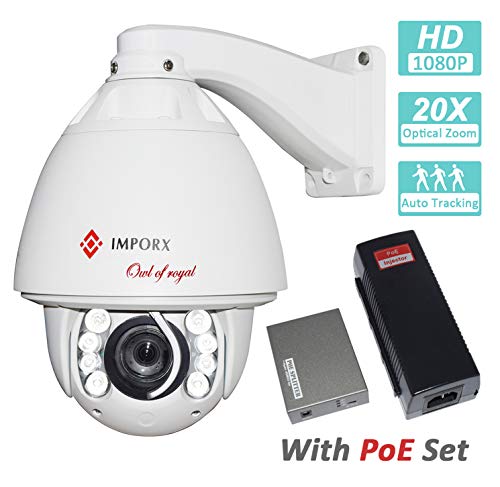 IMPORX Caméra PTZ Auto Tracking IP Surveillance Exterieure 20X Zoom 1080P H.265/H.264 Etanche Haute Vitesse,Distance IR 120M,Support Carte SD & ONVIF, avec Set POE (Splitter & Commutateur)