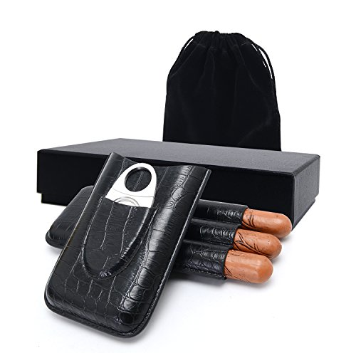 Humidor puros,Estuche para 3 Cigarrillos,Estuche de cigarro,cortador de acero inoxidable de primera calidad incluido,Cuero de PU de cocodrilo,Regalo perfecto para hombres