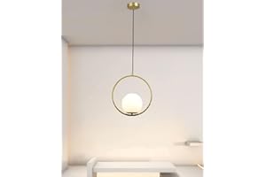 TOT ELECTRIC Lampadario a sospensione con sfera bolle in vetro bianco opaco design moderno minimal (Oro-Cerchio con Sfera)