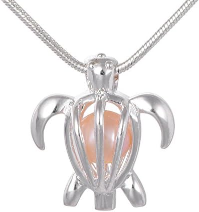 Turtles Locket Pearl Cage 925 Silver Tone Necklace Pendant Freshwater Cultured Pearl Beads in Oyster Gift Charms Chain 17.7"