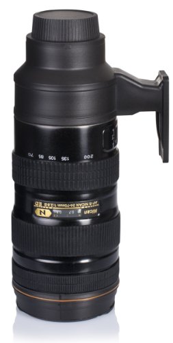 VENKON – Hochwertige Isolierflasche aus gebürstetem Edelstahl mit Druckknopfverschluß und abschraubbarem Trinkbecher im Kameraobjektiv / Foto Objektiv Design – Fassungsvermögen: 500ml, schwarz - 7