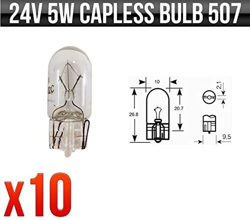 24v 5w Capless W5W W2.1 x 9.5d Side and Tail Bulbs 507 Pack of 10