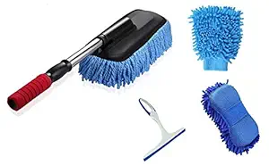 MOBONE Sponge Duster/Dusting Glove/Glass Wiper/Car Duster Multipurpose Microfiber Interior and Exterior Cleaning Kit with Extendable Handle for Car, Bike, RV, Boats or Home