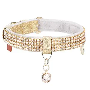 PetsHome Cat Collar, Dog Collar, [Bling Rhinestones] PU Leather with Pendant Adjustable Collars for Small Dog and Cat Small Gold