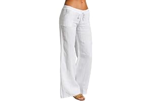 ORANDESIGNE Pantalón Lino Mujer Verano Tallas Grandes Pantalones Largos Sueltos Casuales Pantalones de Playa Pantalones Rectos de Talle Bajo con Cordón 9/10 Longitud