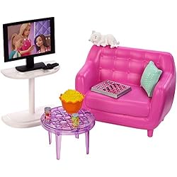 Barbie Mobilier coffret d'intérieur pour poupée avec meubles de salon, chaton, meubles et accessoires, jouet pour enfant, FXG36