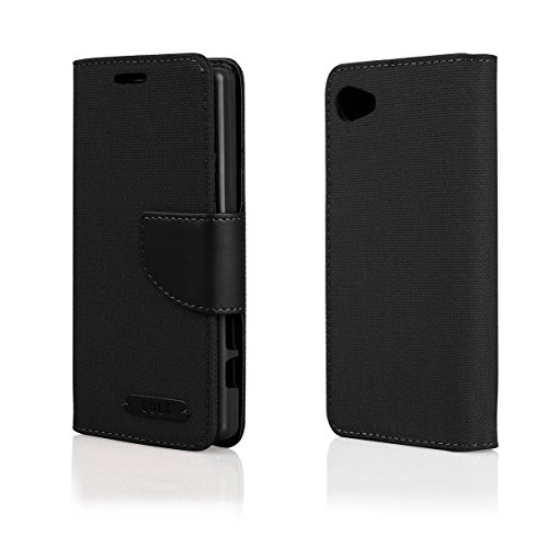 EGO® Bookstyle Handy Tasche mit praktischer Aufstellfuntkion für Sony Xperia Z5 Compact Schwarz Flip Case Magnetverschluss Book Cover mit Kartenfach Wallet Stand Schutz Hülle Canvas - 4