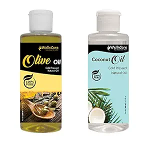 WellnCare 100% Pure & Natural cold pressed Olive and Coconut oil Combo - 200ml each