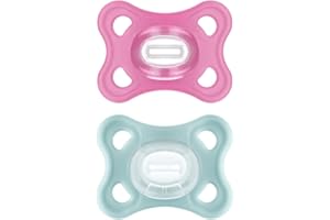 MAM Comfort Sucette 3-12 mois (lot de 2), Sucette MAM 3-12 mois en 100% silicone avec design unique, kit de 2 accessoires bébé doux et légers avec porte-tétine stérilisateur, rose/neutre