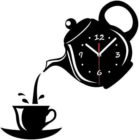Ho clock DIY 3D Wall Clock Acrylic Coffee Cup Teapot Shape Decorative Kitchen Wall Clocks Living Room Dining Room Home Decor Clock Stickers Removable, black