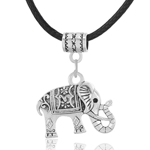 MESE London Collar Elefante Cordón Cuero Negro Colgante Tribal En Plata - Elegante Caja De Regalo
